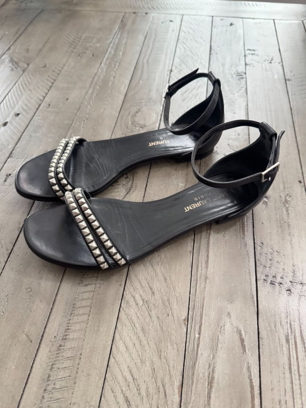 Saint Laurent Black Leather Ankle-Strap Sandals with Silver Studs - Picture 2 of 8